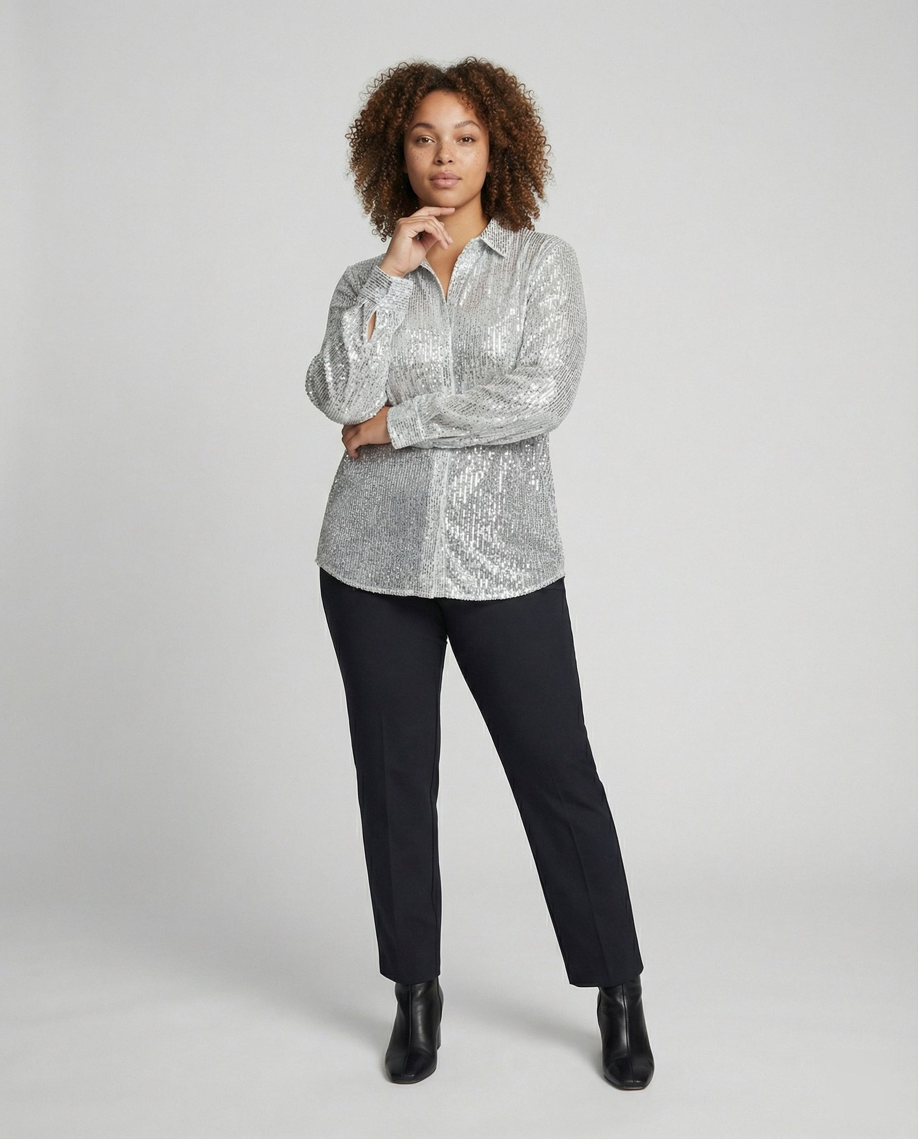 Sparkly Sequin Blouse with Classic Collar and Button Front