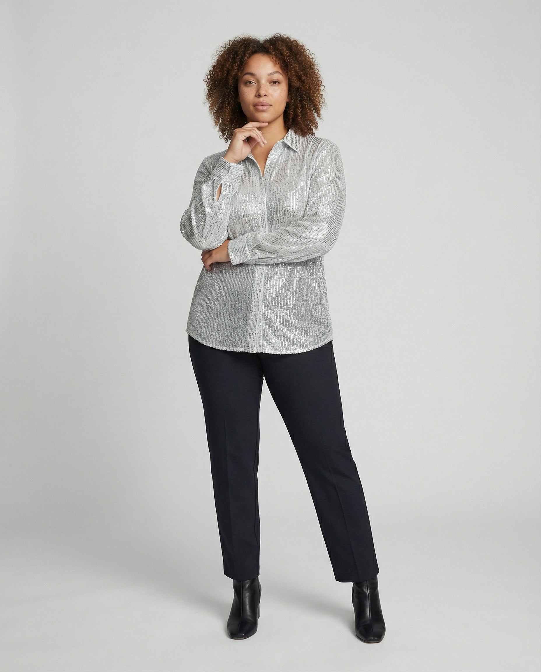 Sparkly Sequin Blouse with Classic Collar and Button Front