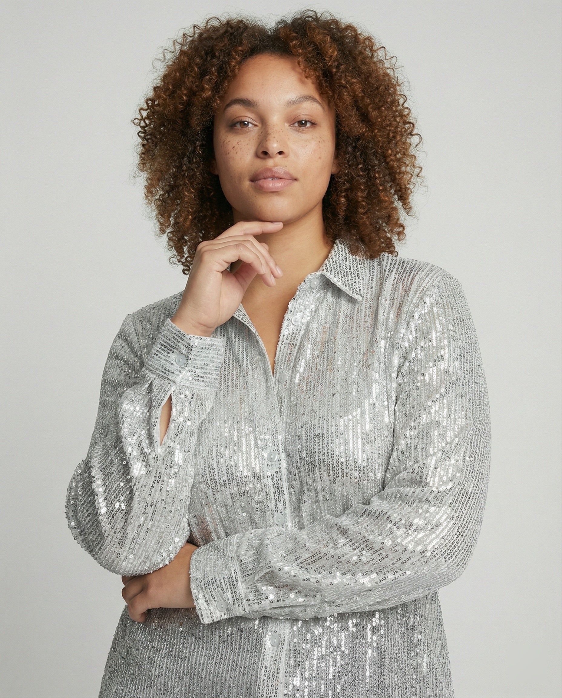 Sparkly Sequin Blouse with Classic Collar and Button Front