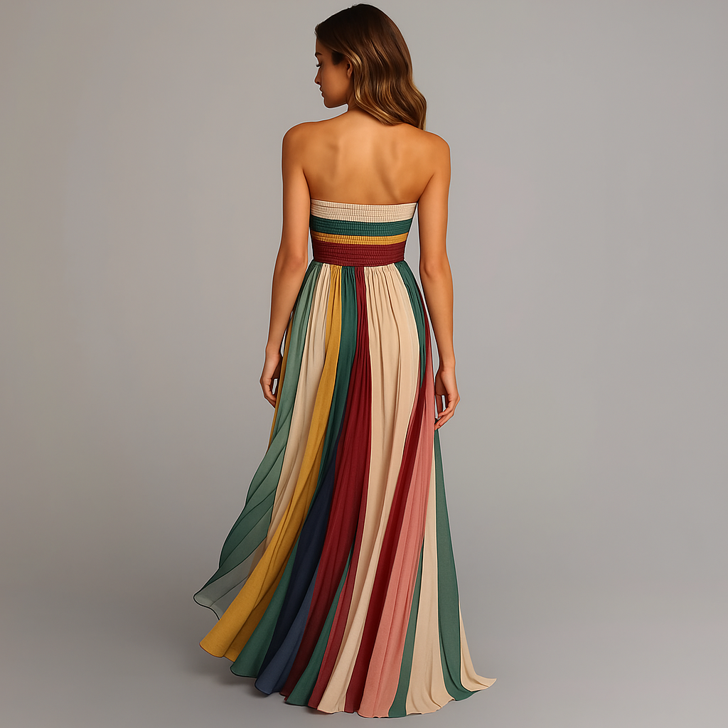 Stylish Strapless Maxi Dress with Striped Pleated Skirt