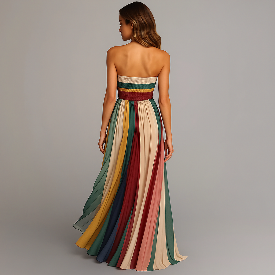 Stylish Strapless Maxi Dress with Striped Pleated Skirt