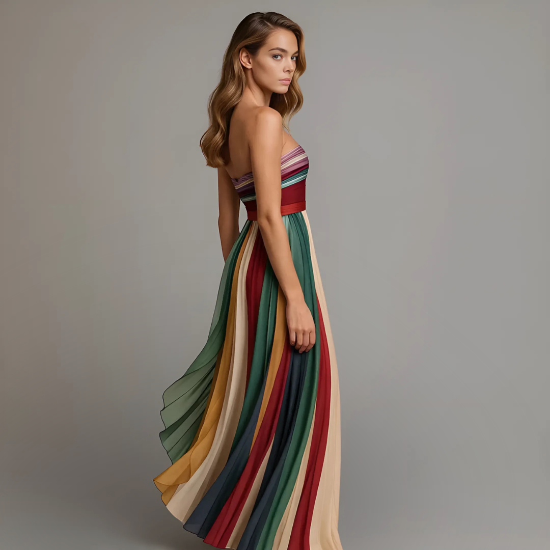 Stylish Strapless Maxi Dress with Striped Pleated Skirt