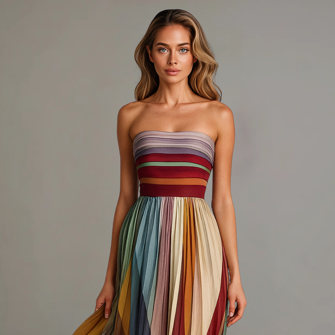 Stylish Strapless Maxi Dress with Striped Pleated Skirt