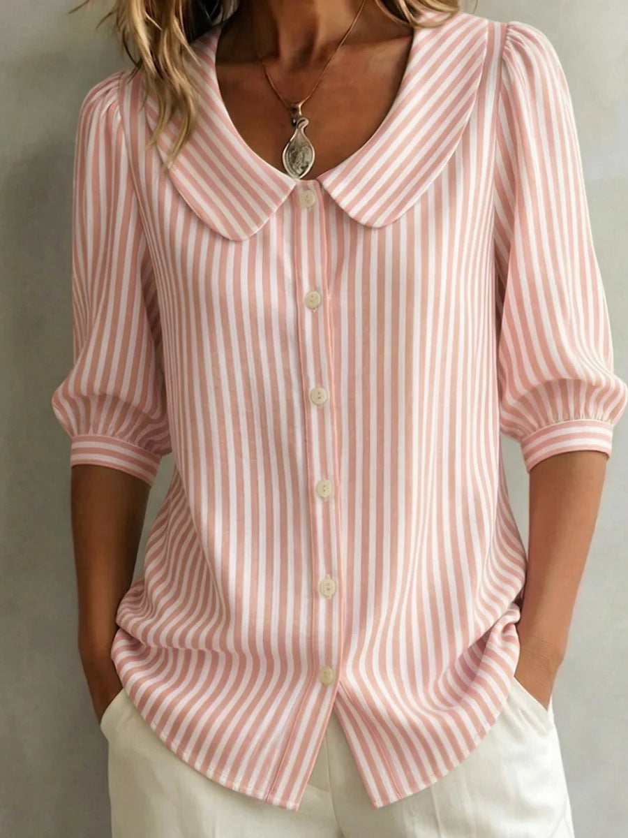 Striped Blouse with Peter Pan Collar and Puff Sleeves