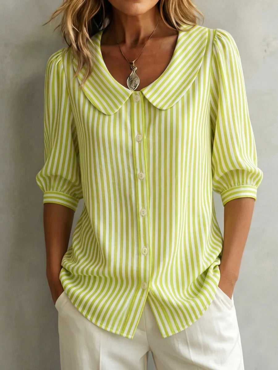 Striped Blouse with Peter Pan Collar and Puff Sleeves