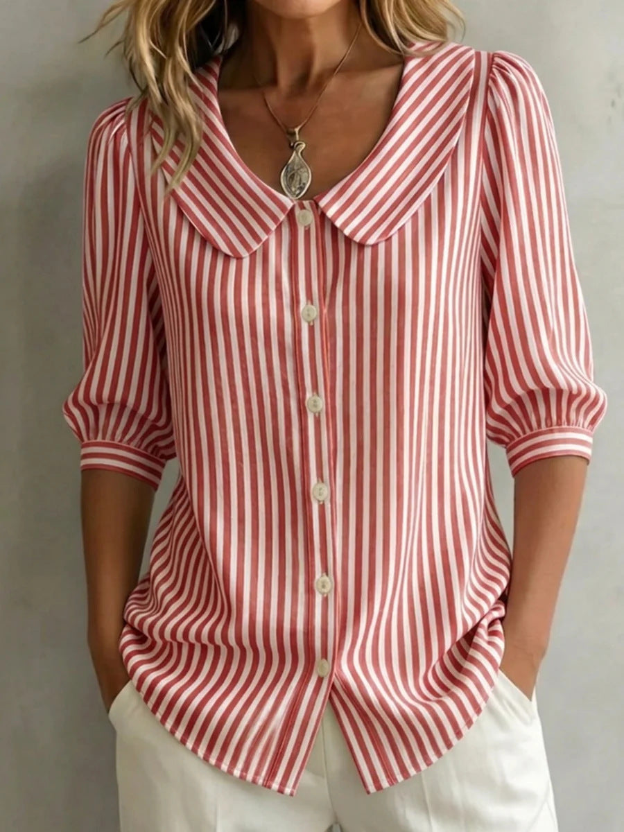 Striped Blouse with Peter Pan Collar and Puff Sleeves