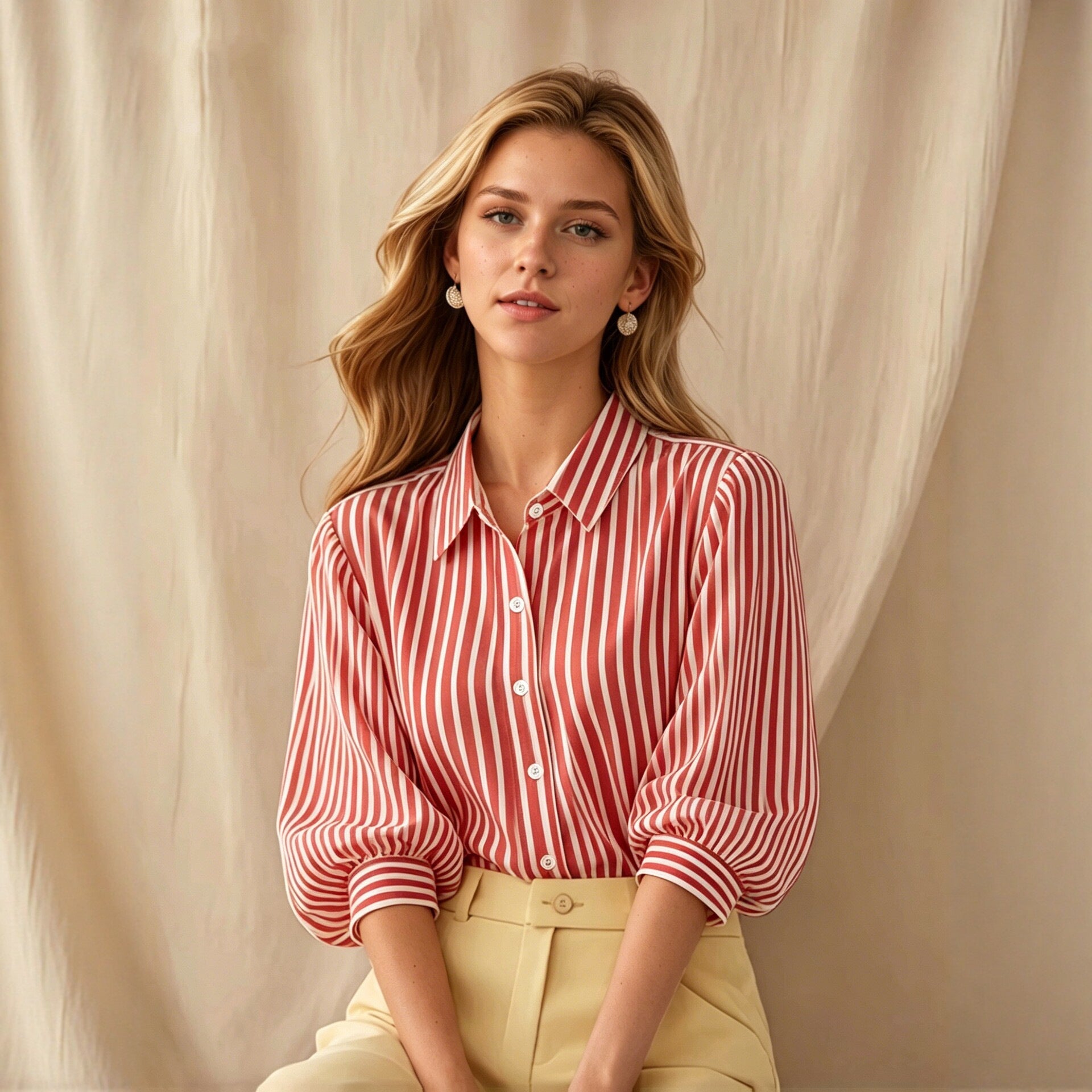 Striped Blouse with Puff Sleeves and Classic Collar