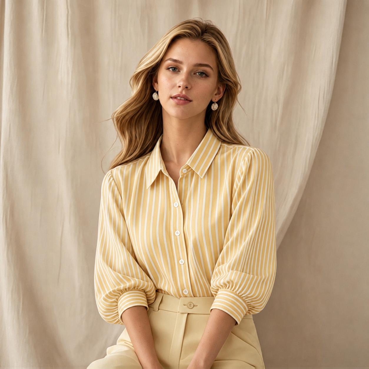 Striped Blouse with Puff Sleeves and Classic Collar