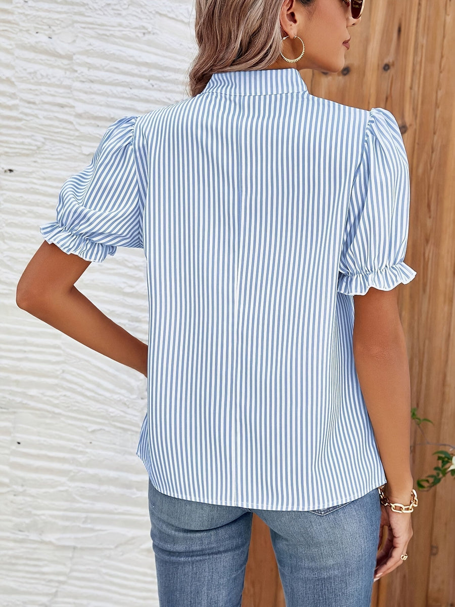 Striped Blouse with Puff Sleeves and Gathered Neckline Detail