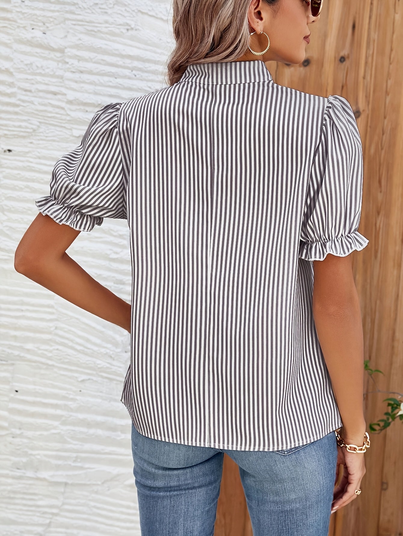 Striped Blouse with Puff Sleeves and Gathered Neckline Detail