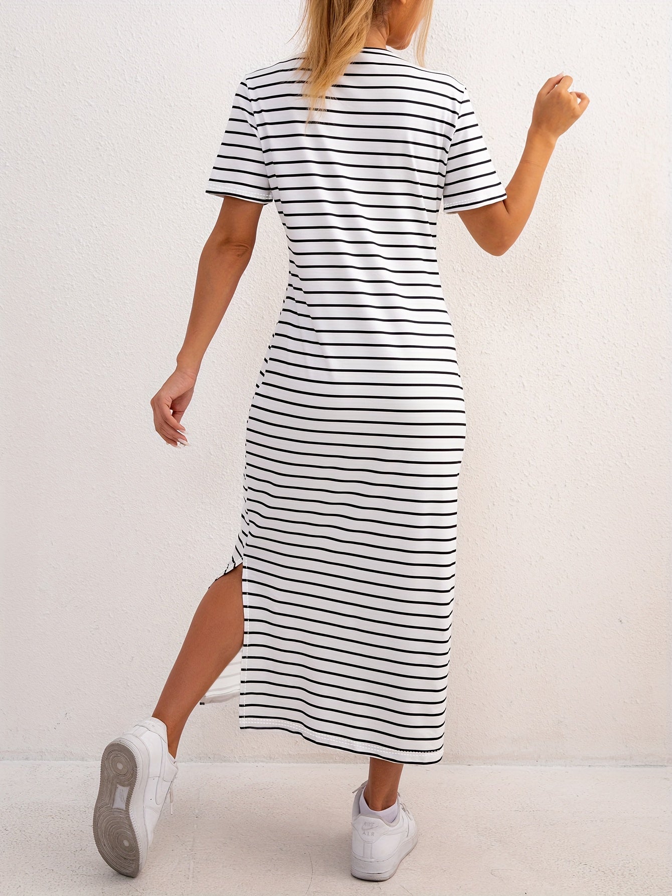 Striped Jersey Midi Dress with Side Split and Short Sleeves