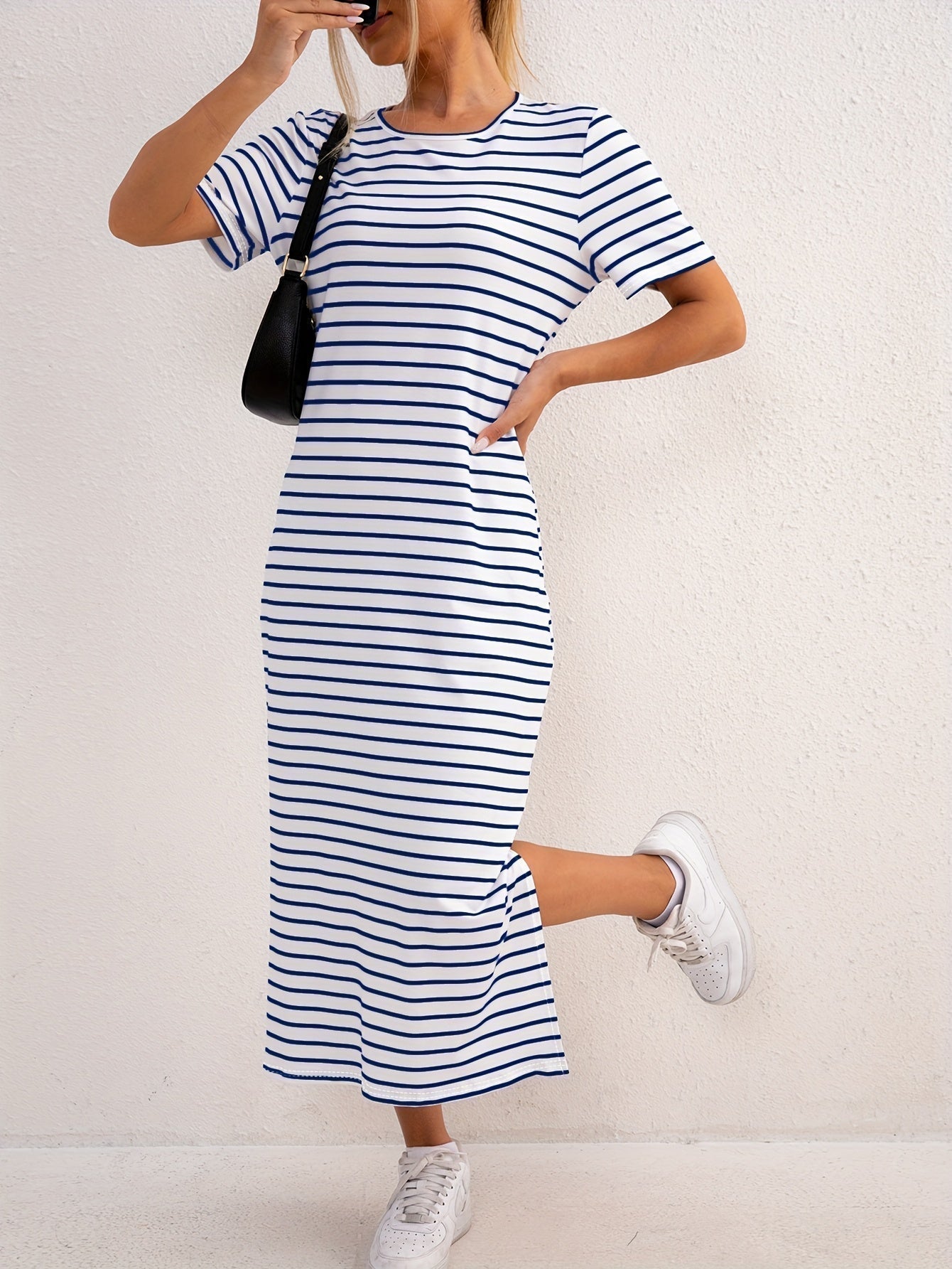 Striped Jersey Midi Dress with Side Split and Short Sleeves