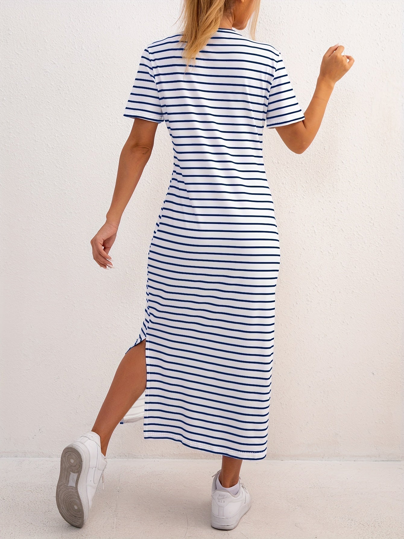 Striped Jersey Midi Dress with Side Split and Short Sleeves