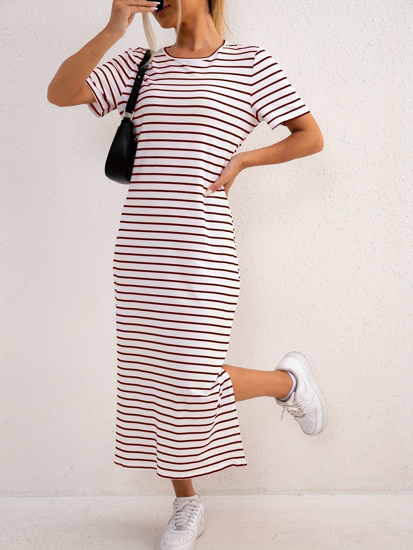 Striped Jersey Midi Dress with Side Split and Short Sleeves