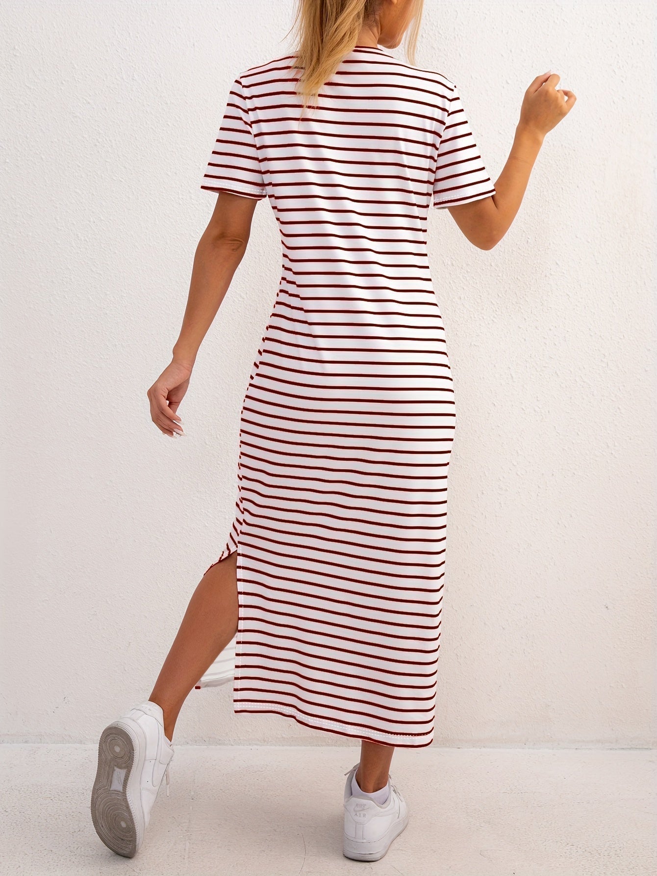Striped Jersey Midi Dress with Side Split and Short Sleeves