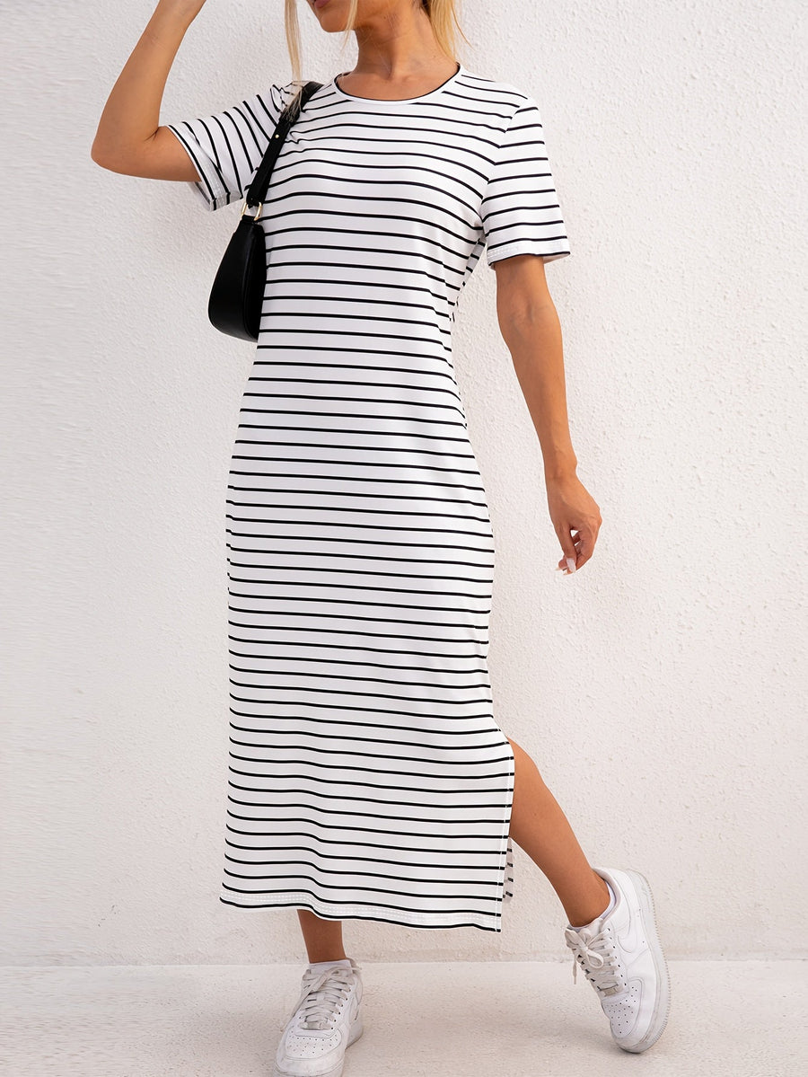 Striped Jersey Midi Dress with Side Split and Short Sleeves