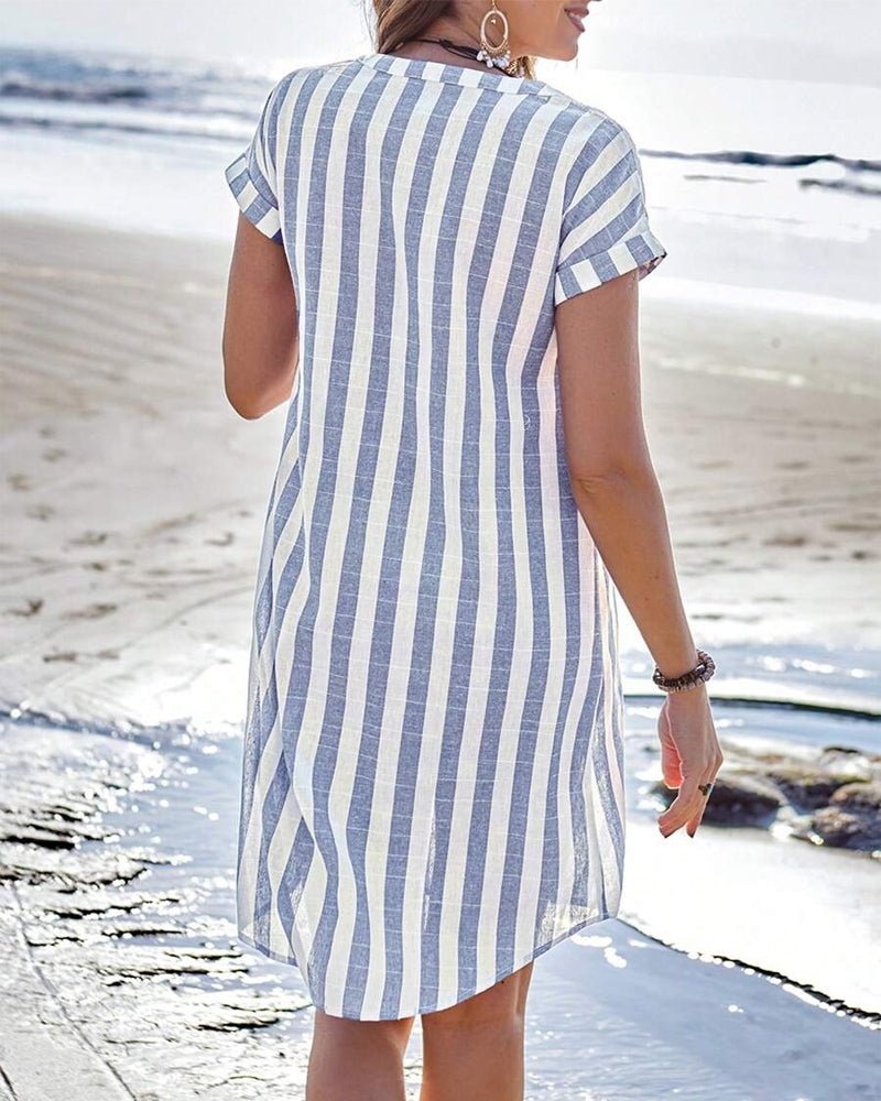 Striped Linen Shirt Dress with Button-Up Front and Short Sleeves