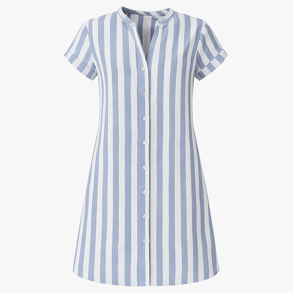 Striped Linen Shirt Dress with Button-Up Front and Short Sleeves