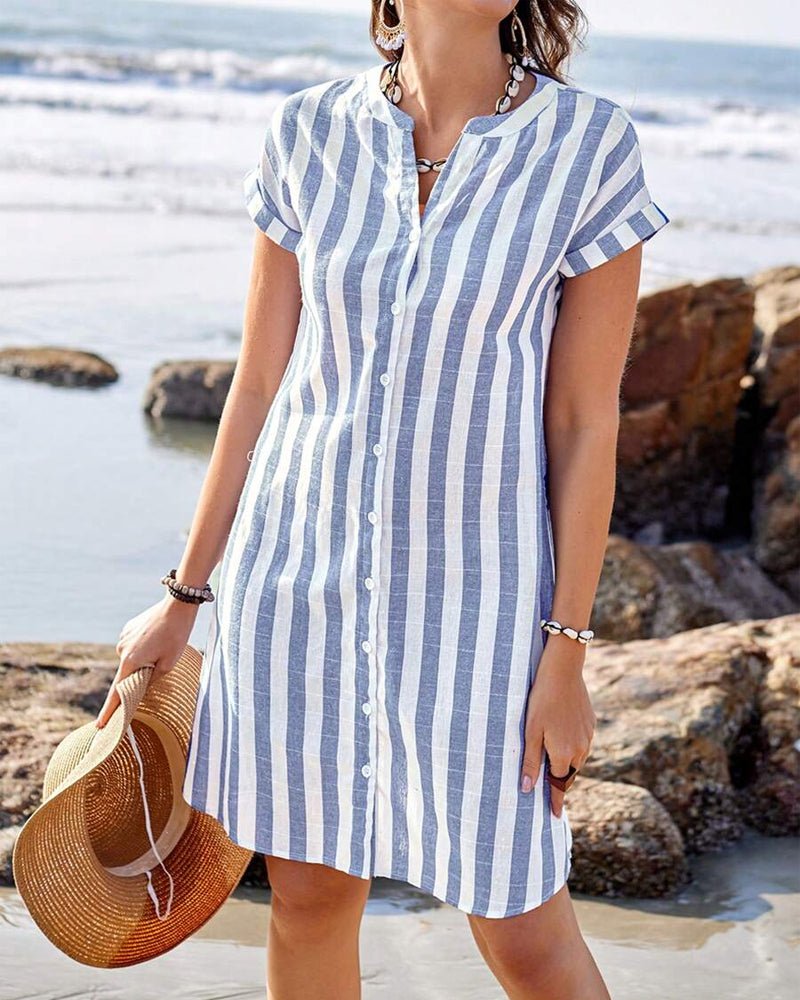 Striped Linen Shirt Dress with Button-Up Front and Short Sleeves