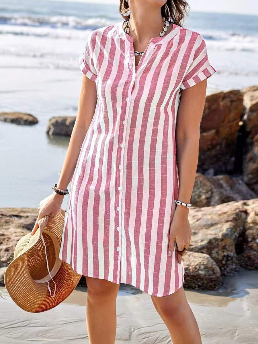 Striped Linen Shirt Dress with Button-Up Front and Short Sleeves