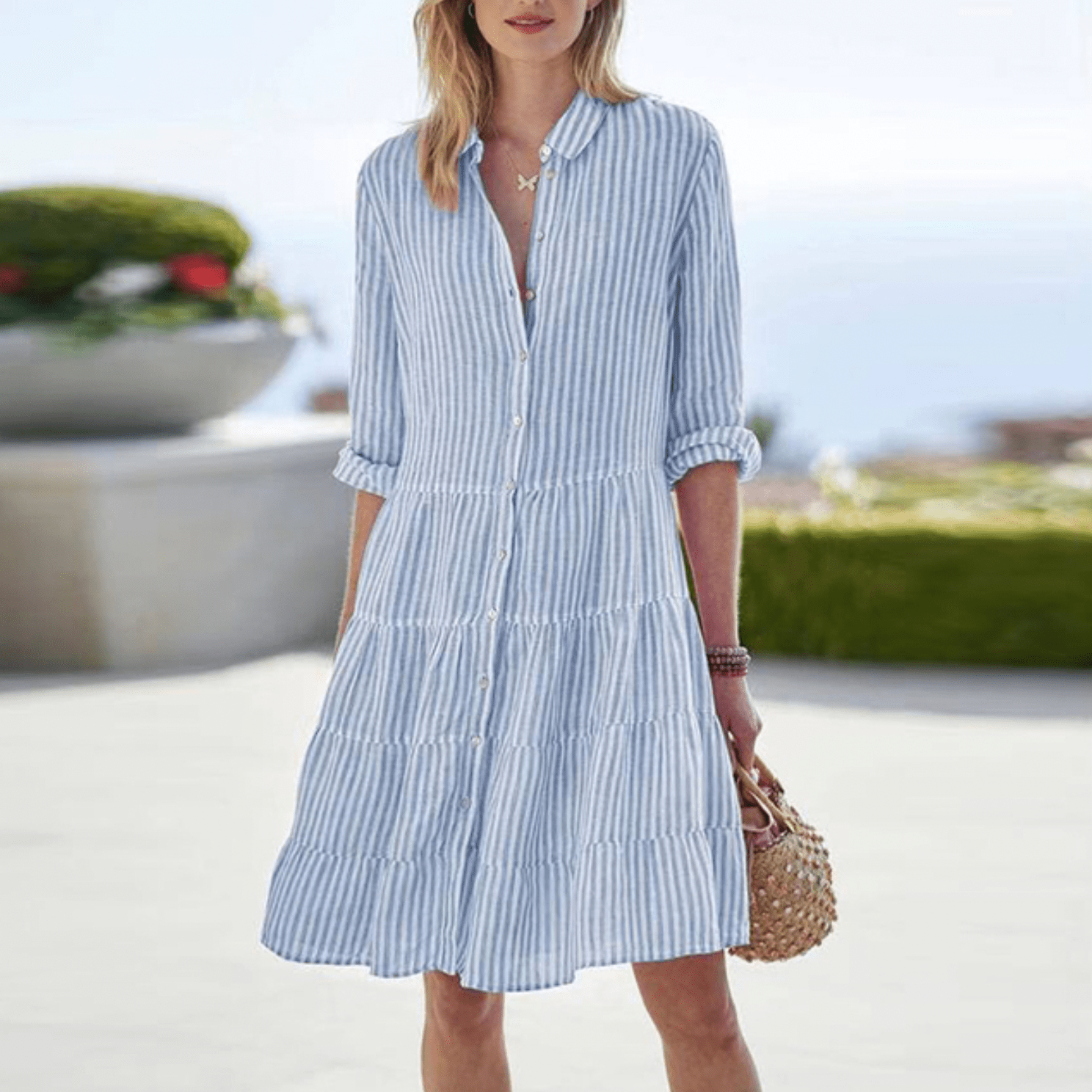 Striped Linen Shirt Dress with Tiered Skirt and Three-Quarter Sleeves