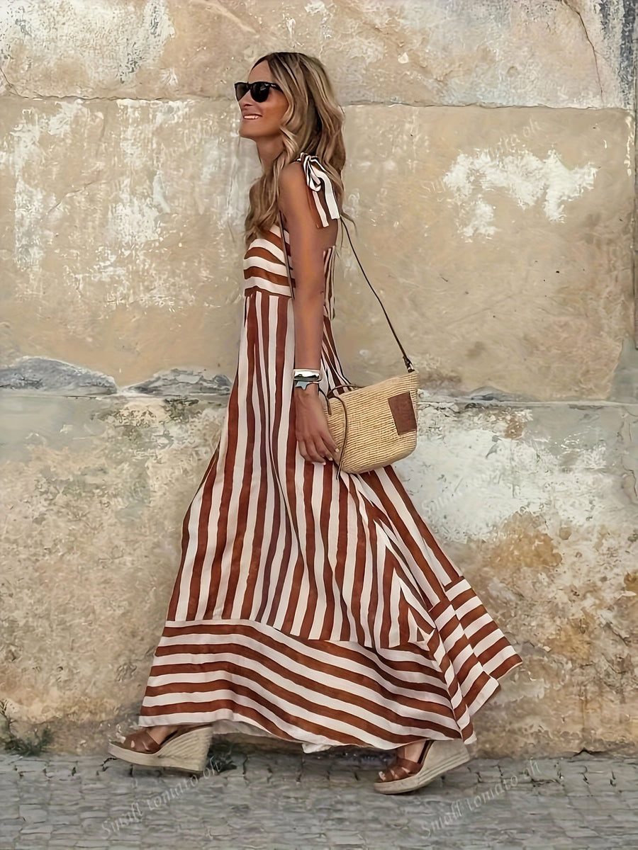 Striped Maxi Dress with Tie Spaghetti Straps and Full Skirt