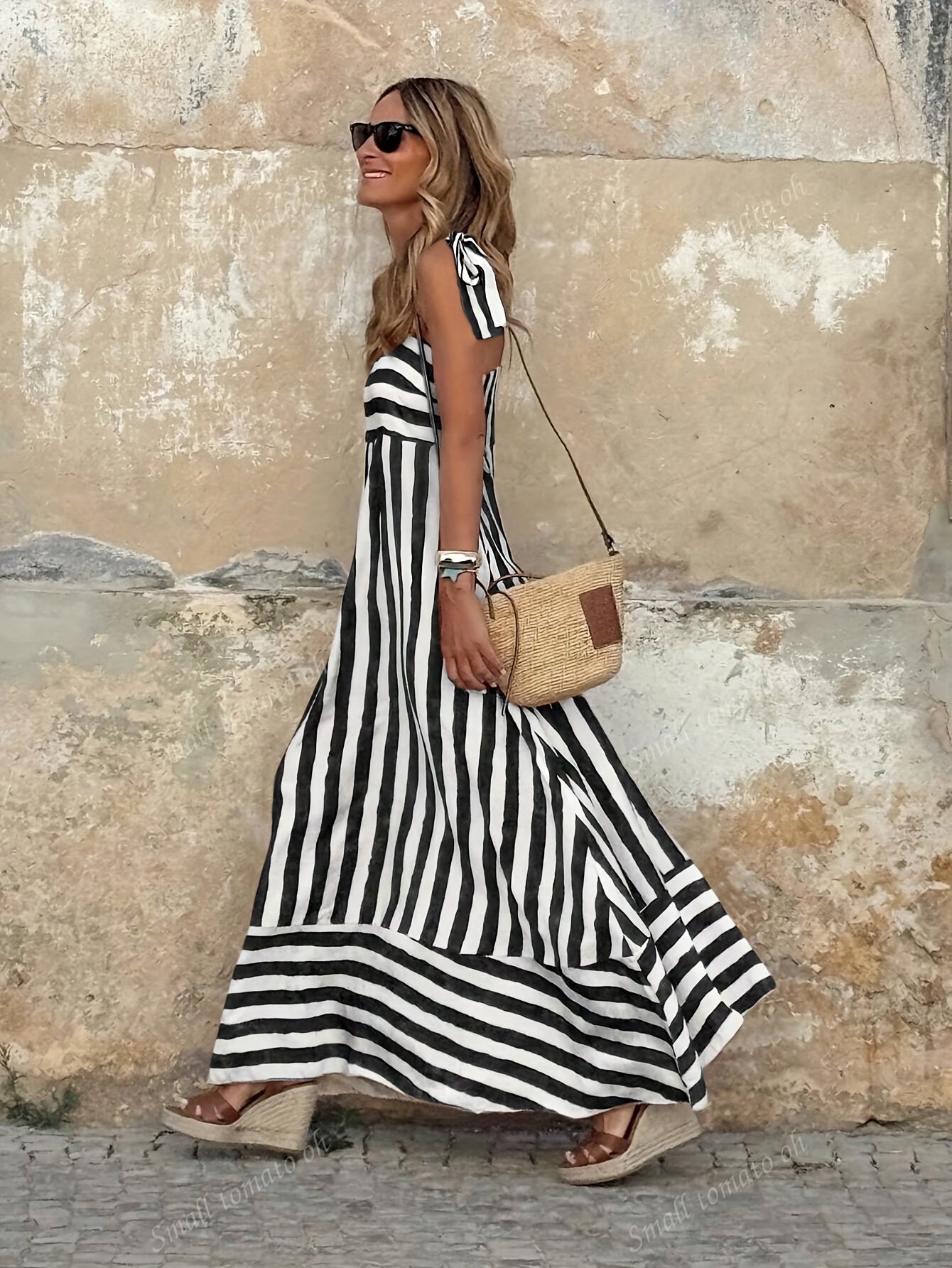 Striped Maxi Dress with Tie Spaghetti Straps and Full Skirt