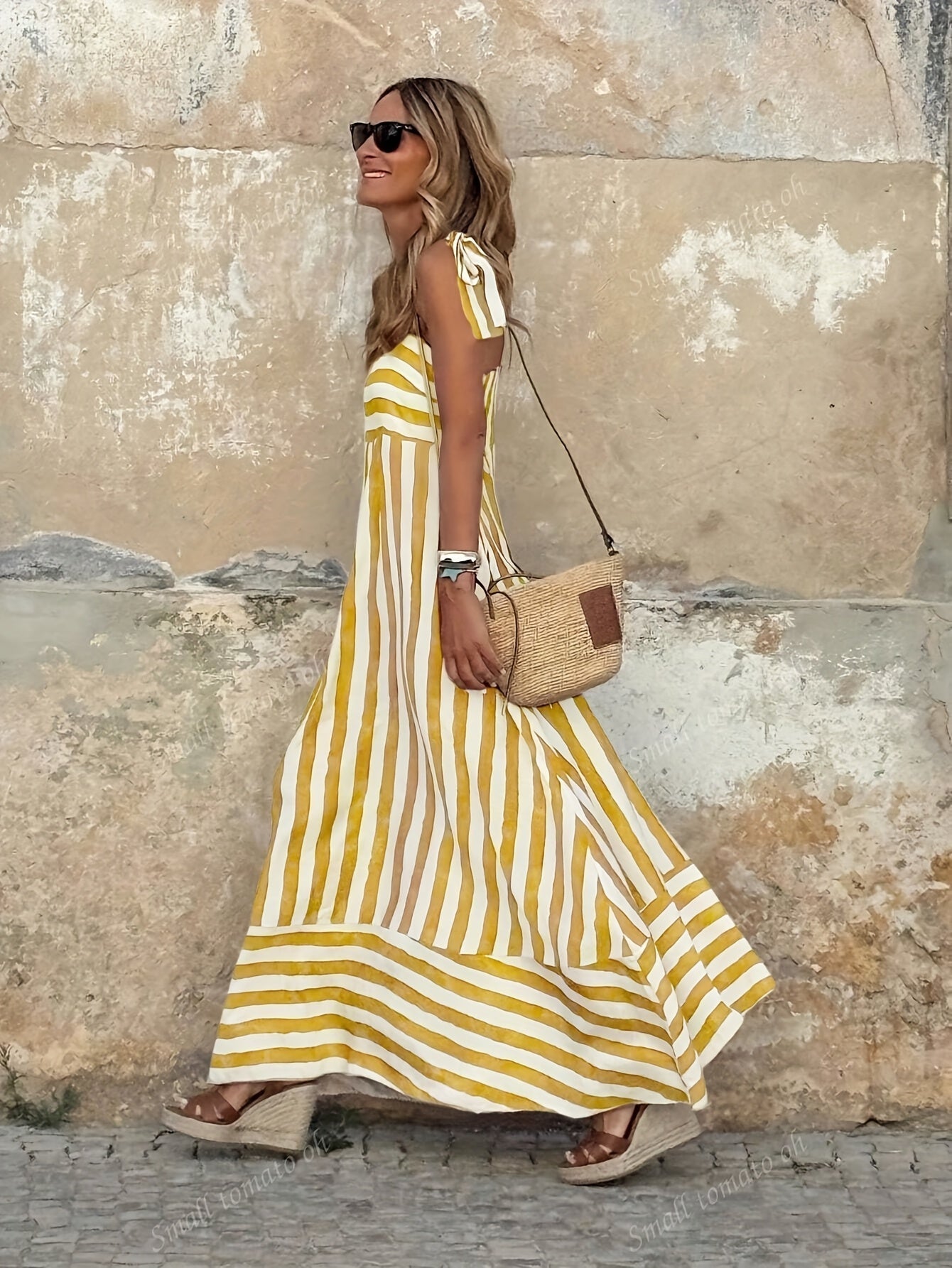 Striped Maxi Dress with Tie Spaghetti Straps and Full Skirt