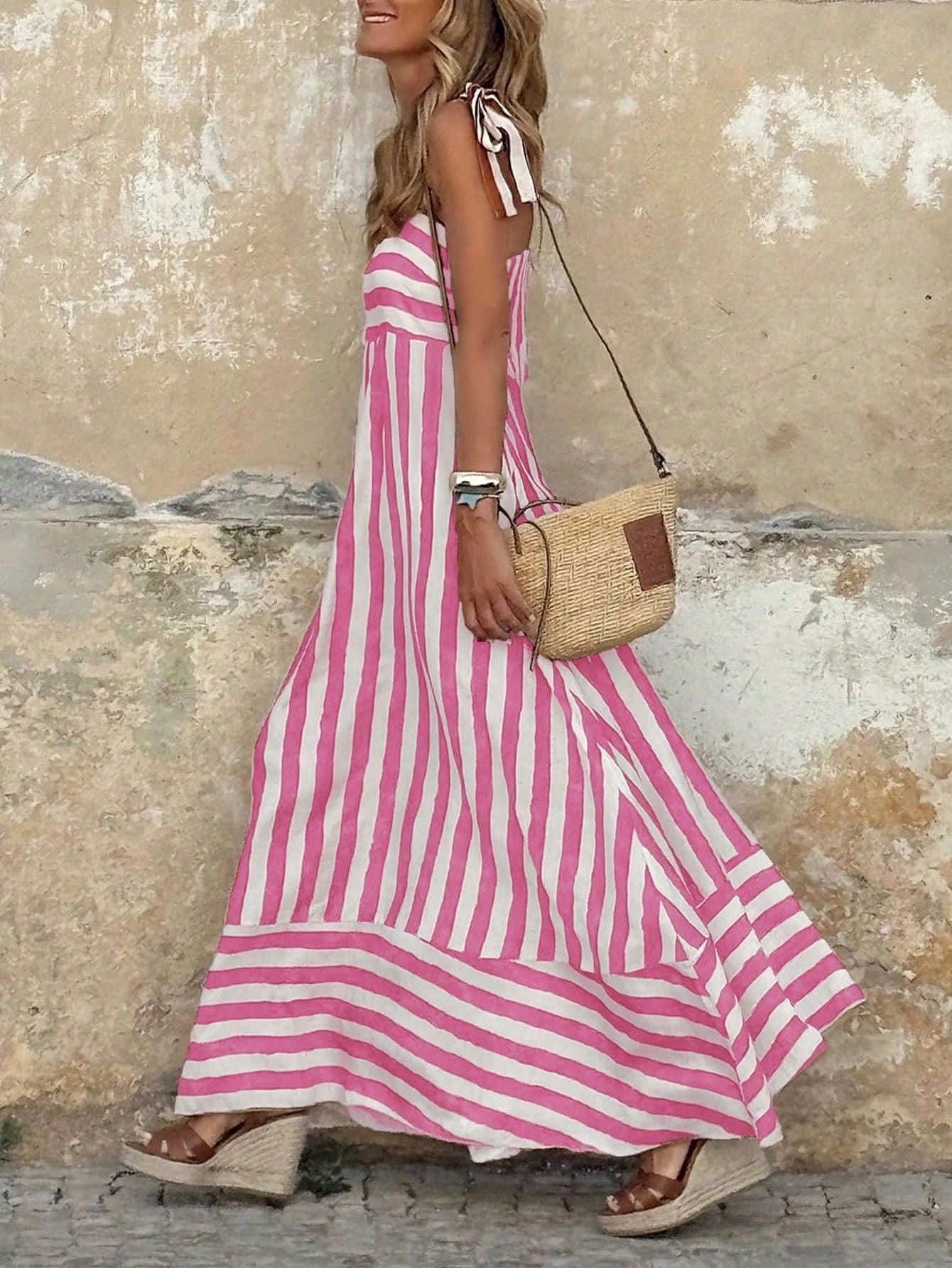 Striped Maxi Dress with Tie Spaghetti Straps and Full Skirt