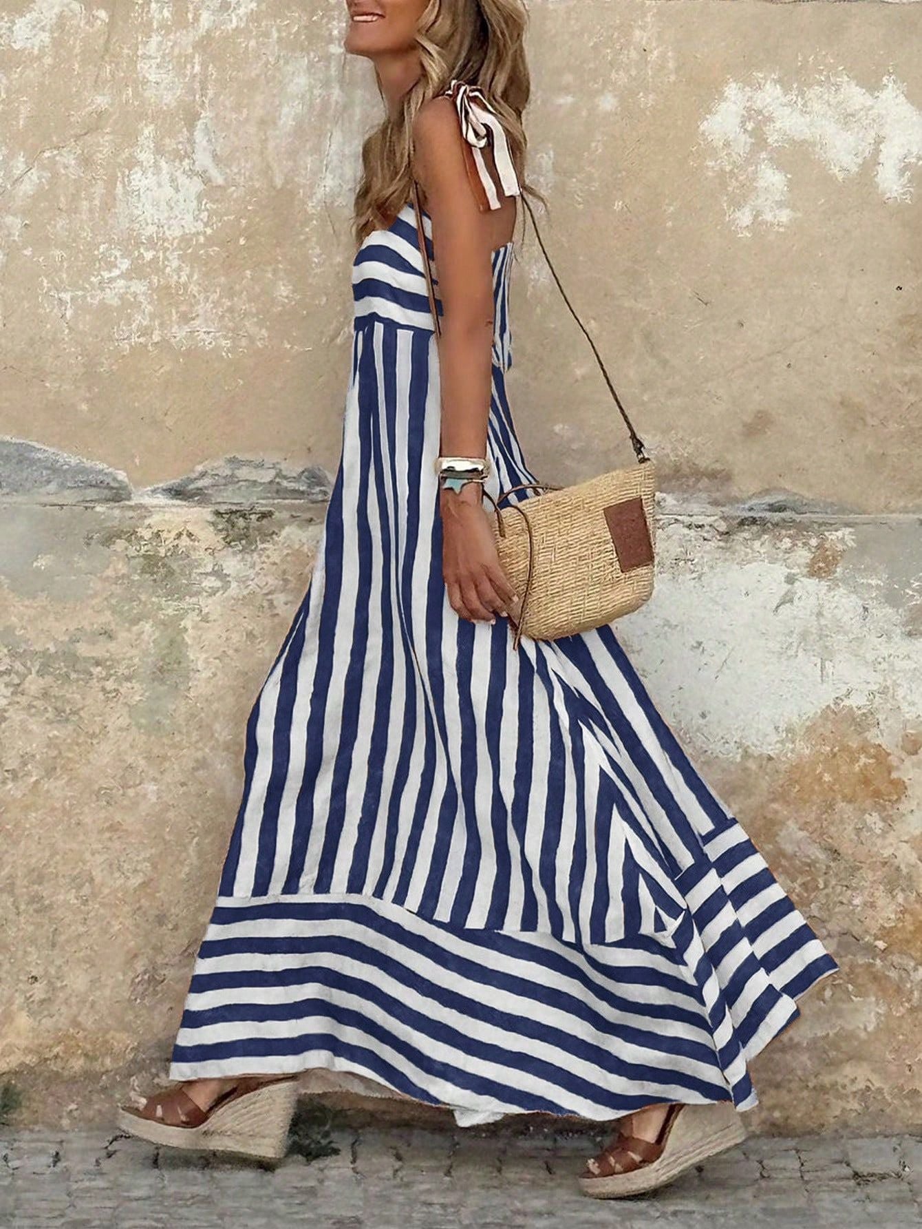 Striped Maxi Dress with Tie Spaghetti Straps and Full Skirt