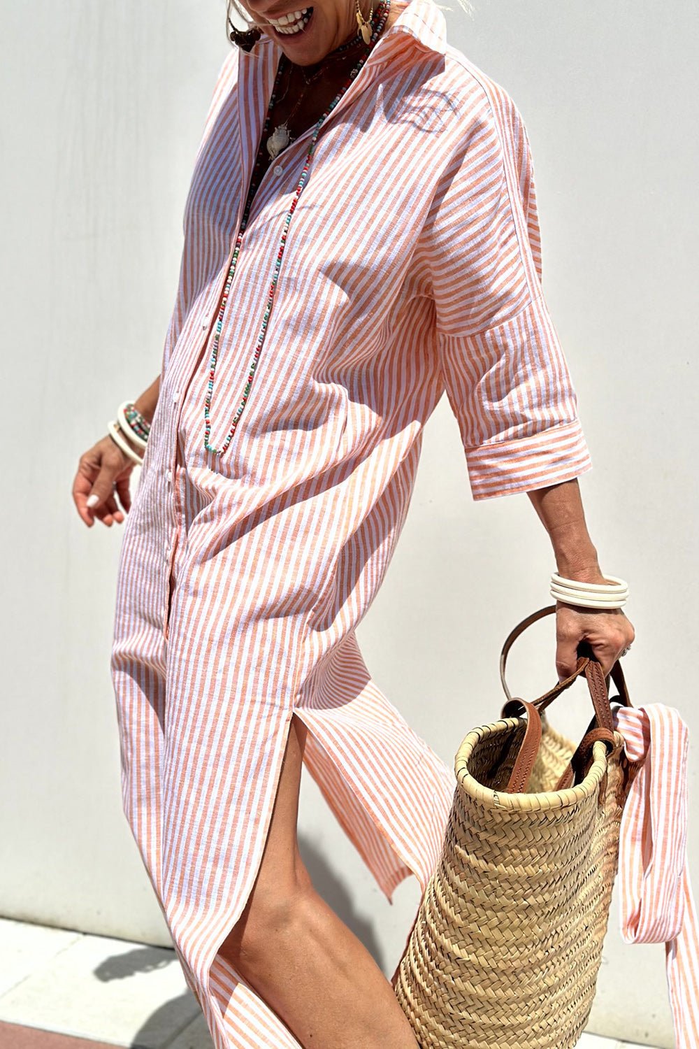 Striped Oversized Shirt Dress with Side Slits and Long Sleeves