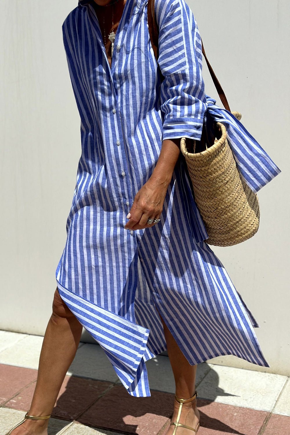 Striped Oversized Shirt Dress with Side Slits and Long Sleeves