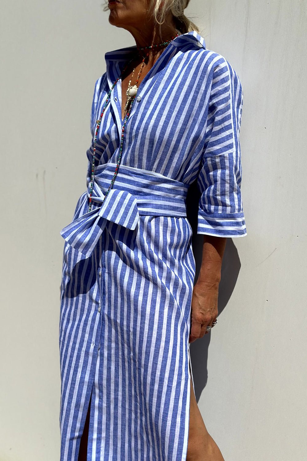 Striped Oversized Shirt Dress with Side Slits and Long Sleeves