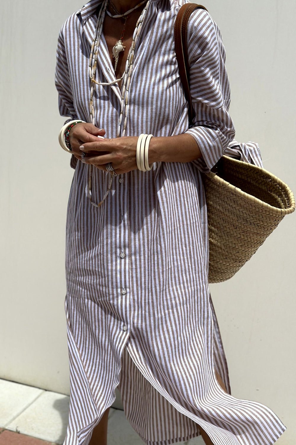 Striped Oversized Shirt Dress with Side Slits and Long Sleeves