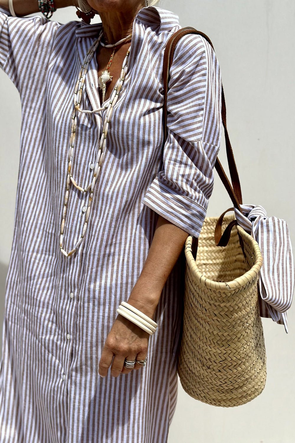 Striped Oversized Shirt Dress with Side Slits and Long Sleeves
