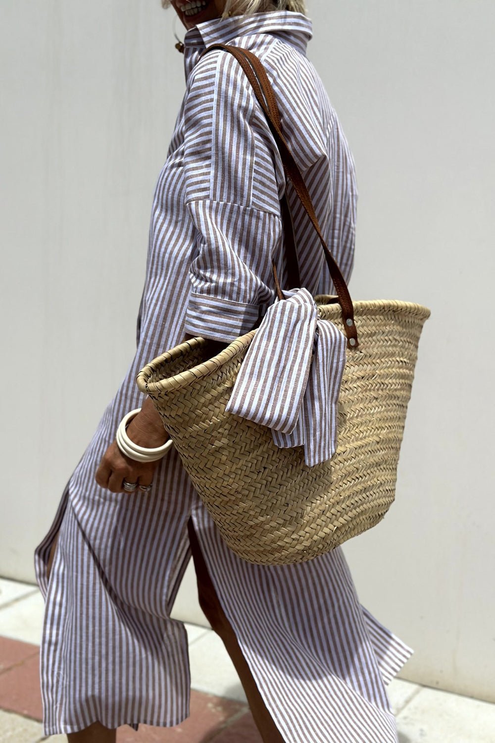 Striped Oversized Shirt Dress with Side Slits and Long Sleeves