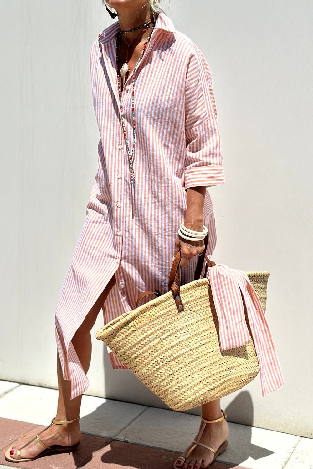 Striped Oversized Shirt Dress with Side Slits and Long Sleeves