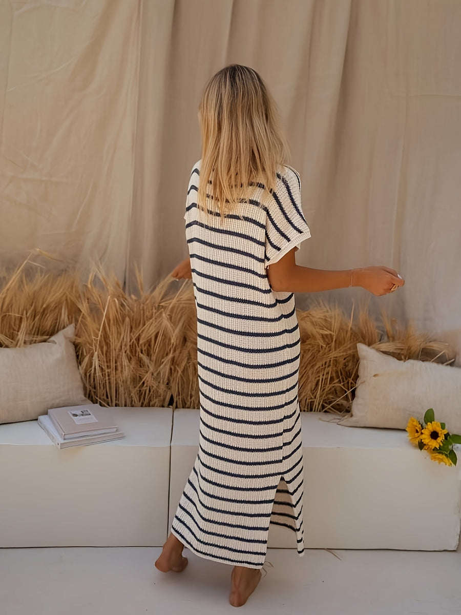 Striped Ribbed Knit Midi Dress with V-Neckline and Short Sleeves
