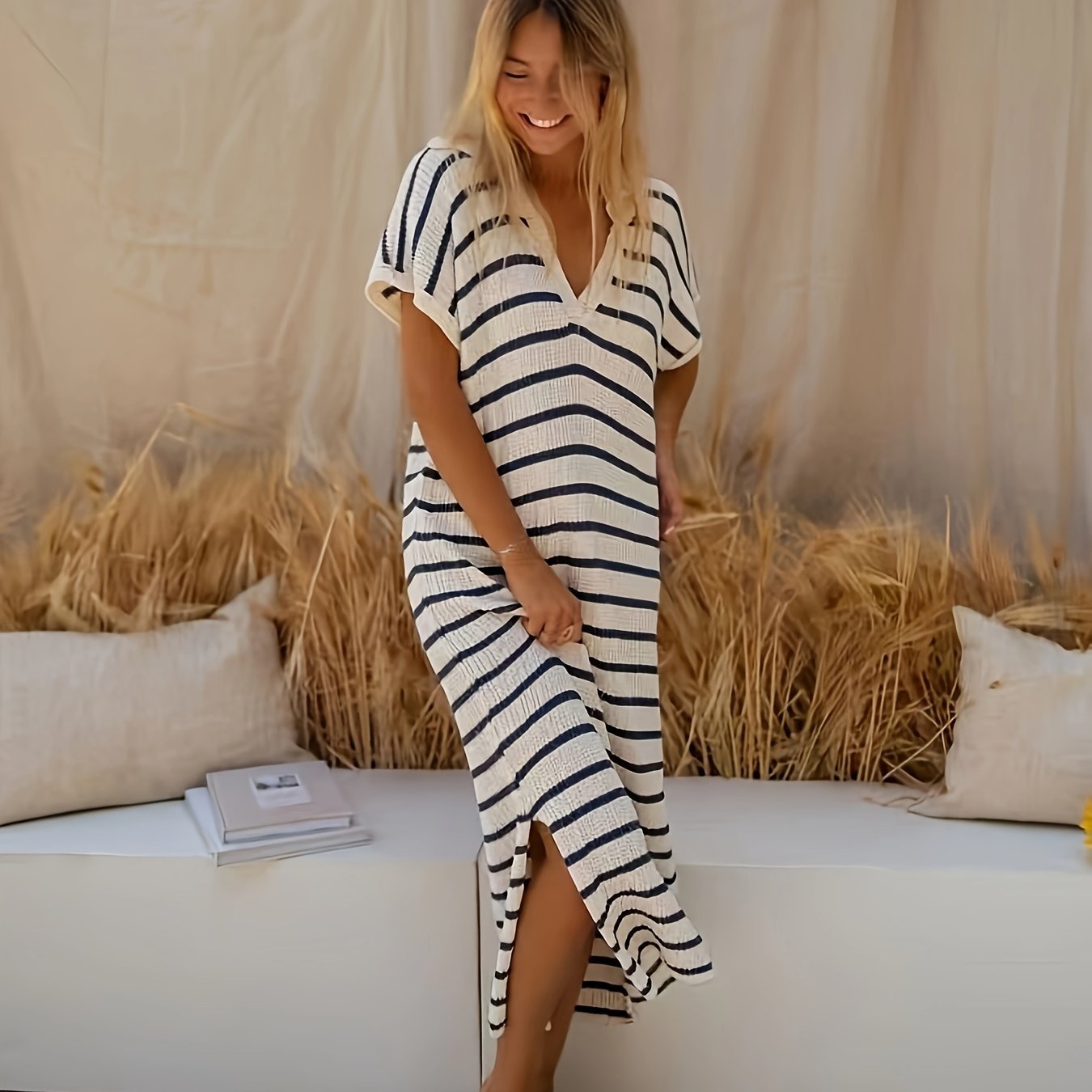 Striped Ribbed Knit Midi Dress with V-Neckline and Short Sleeves
