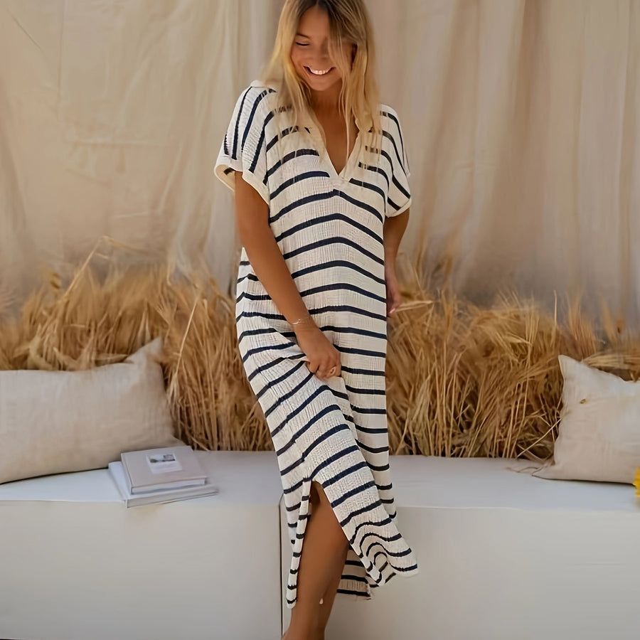 Striped Ribbed Knit Midi Dress with V-Neckline and Short Sleeves