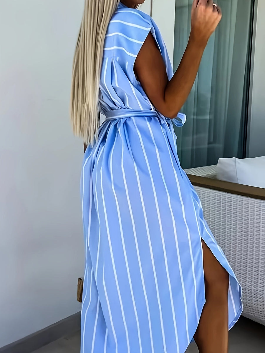 Striped Shirt Dress with Tie Waist and Asymmetric Hem
