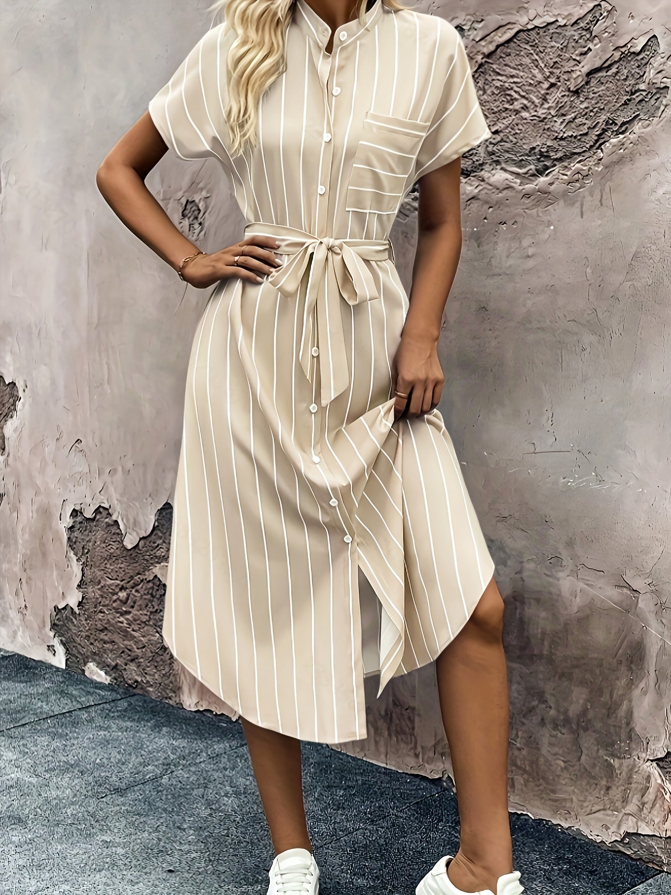 Striped Shirt Dress with Tie Waist and Asymmetric Hem