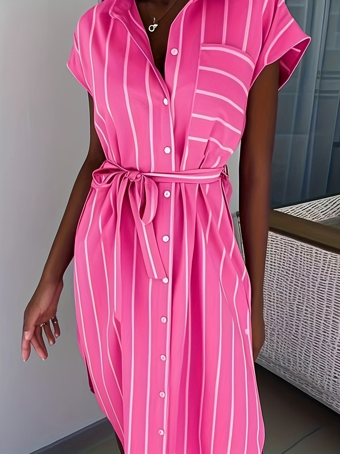 Striped Shirt Dress with Tie Waist and Asymmetric Hem