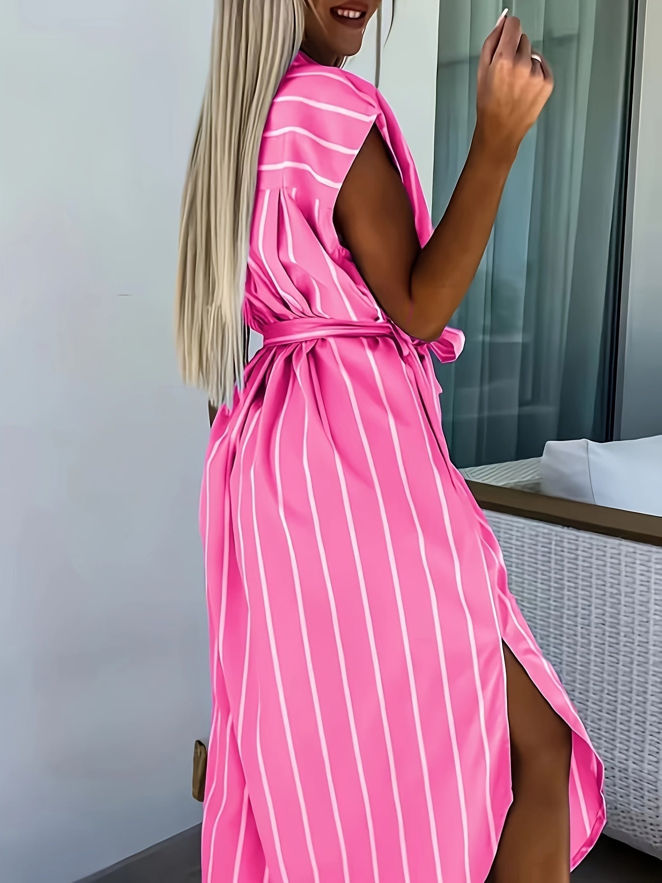 Striped Shirt Dress with Tie Waist and Asymmetric Hem