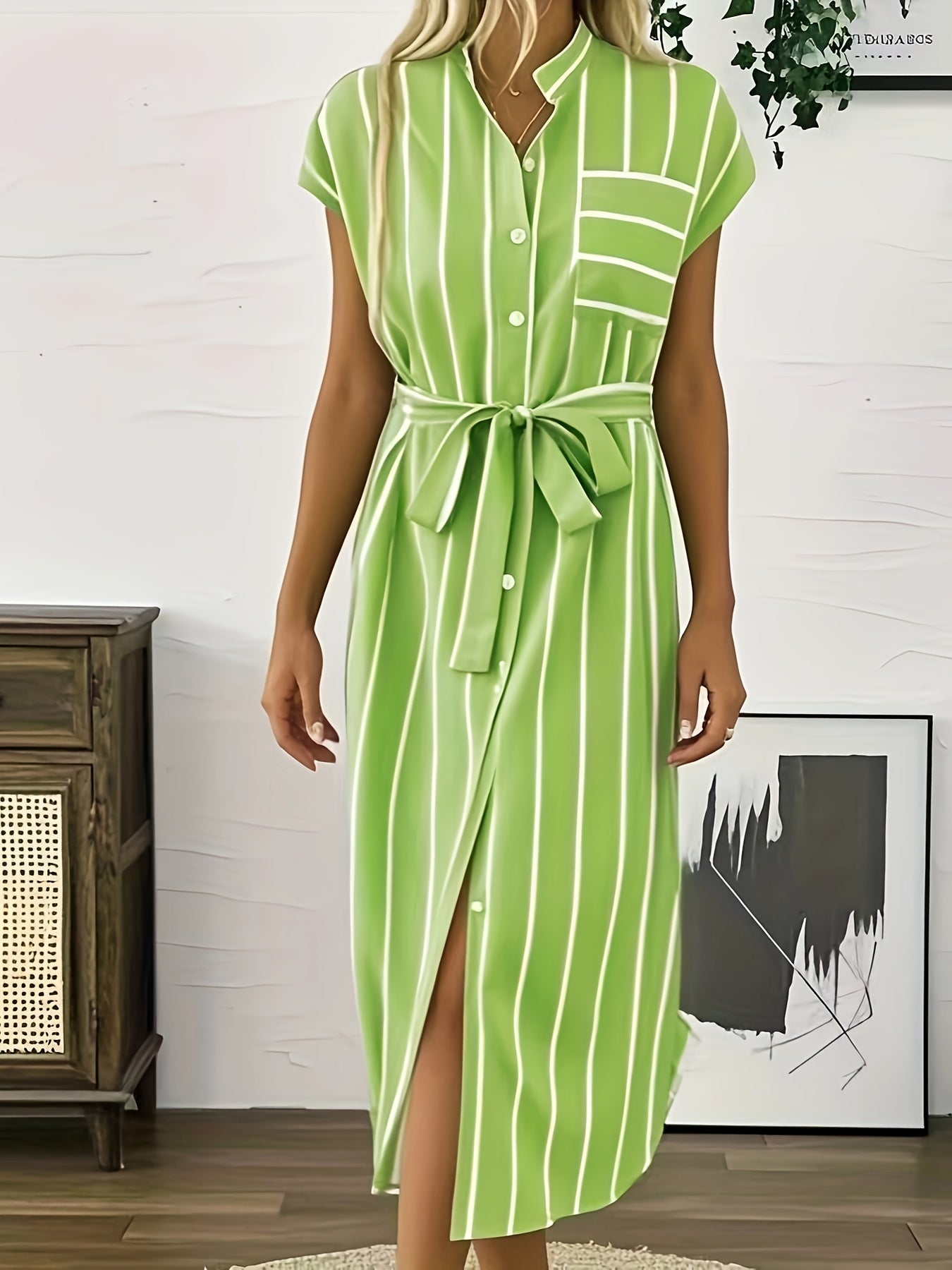 Striped Shirt Dress with Tie Waist and Asymmetric Hem