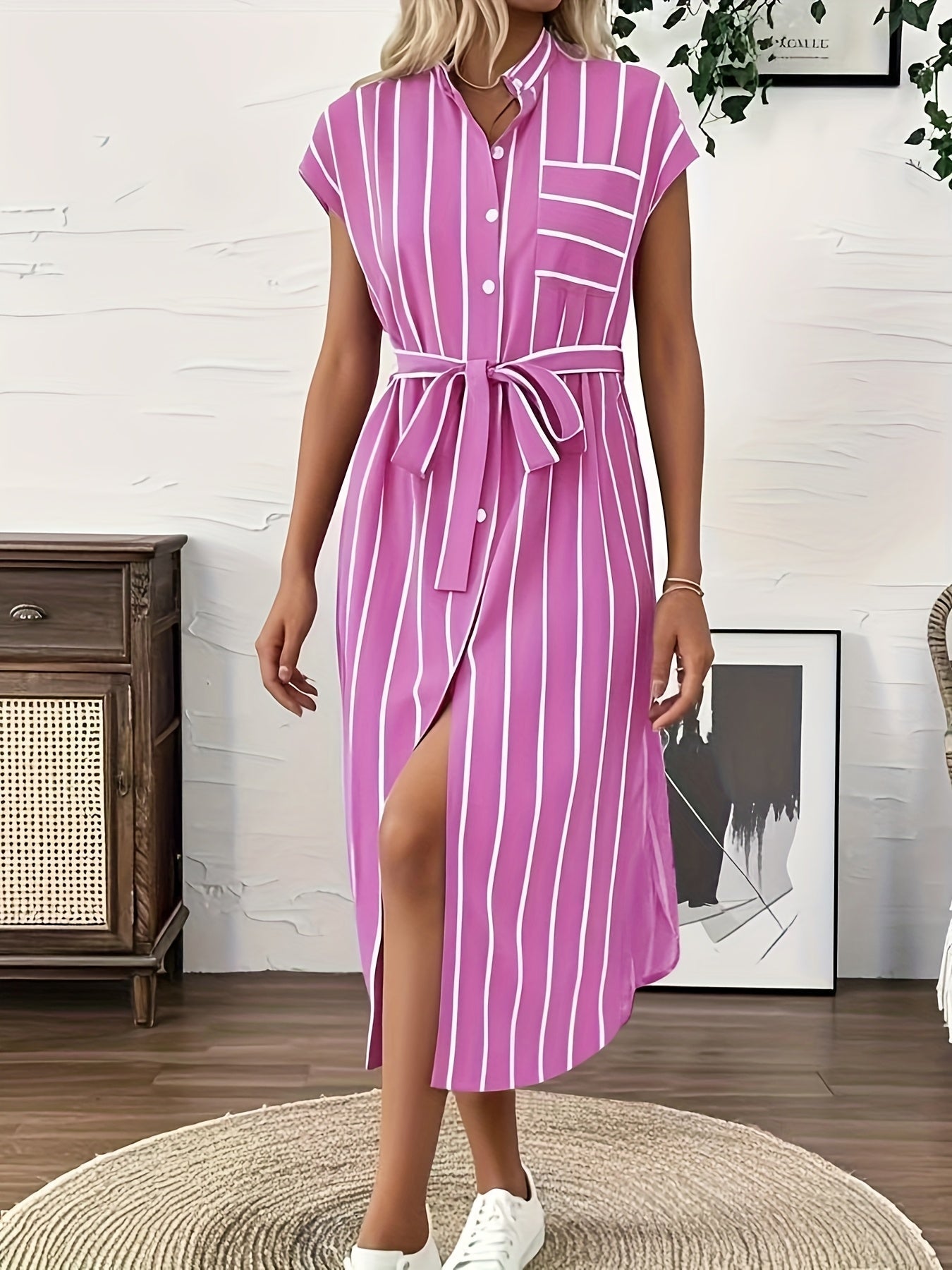 Striped Shirt Dress with Tie Waist and Asymmetric Hem
