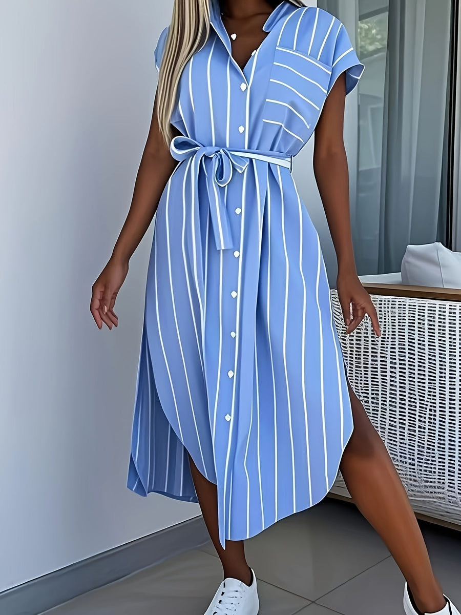 Striped Shirt Dress with Tie Waist and Asymmetric Hem