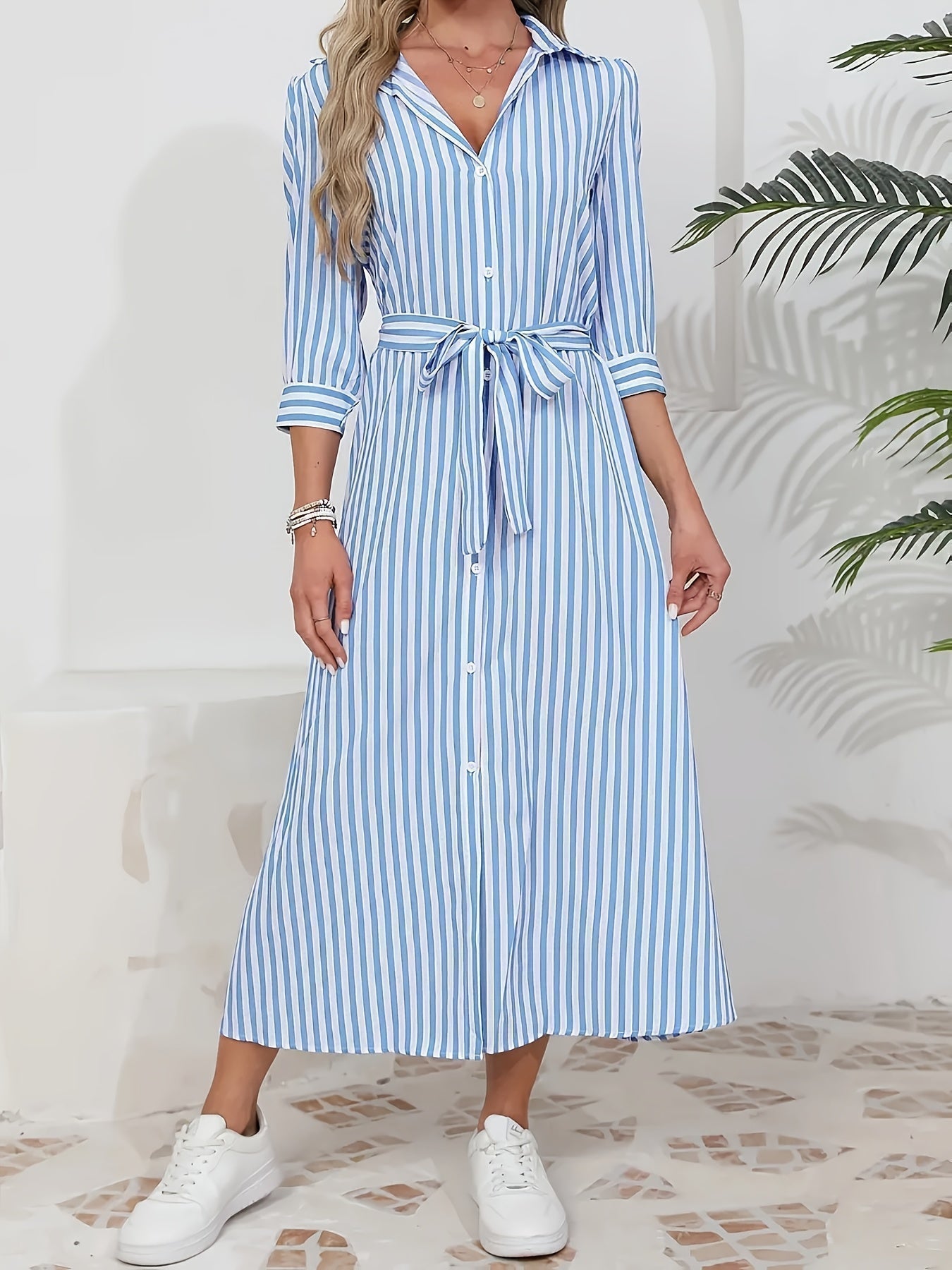 Striped Shirt Midi Dress with Tie Waist and Three Quarter Sleeves