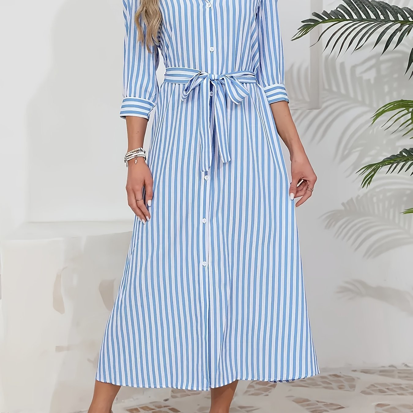 Striped Shirt Midi Dress with Tie Waist and Three Quarter Sleeves