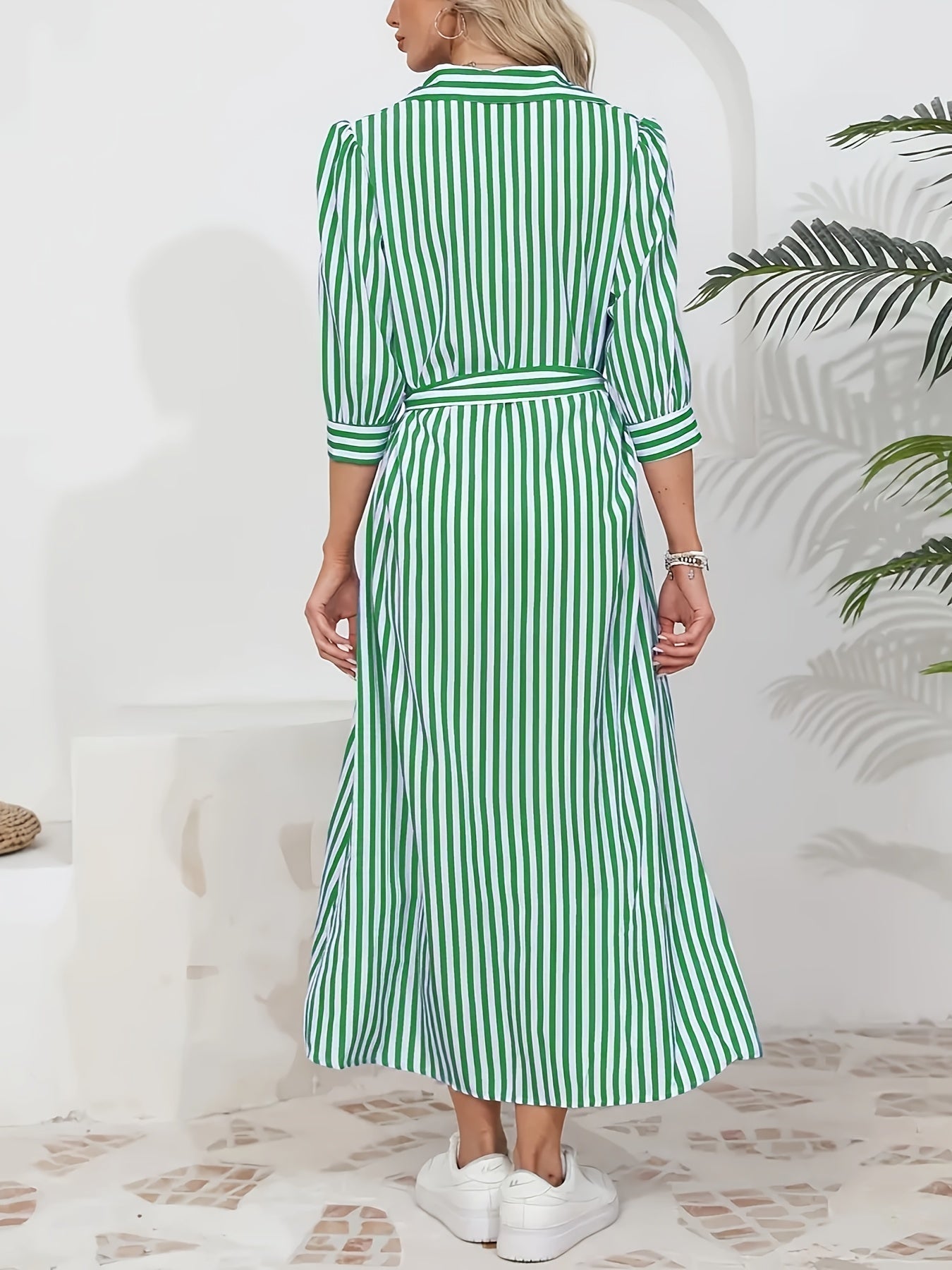 Striped Shirt Midi Dress with Tie Waist and Three Quarter Sleeves